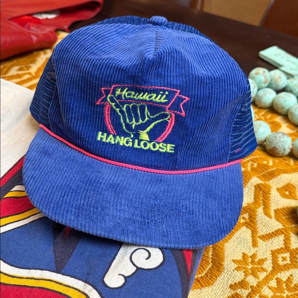 Vintage Hawaiian Headwear Hawaii Hang Loose Blue Corduroy Trucker Hat